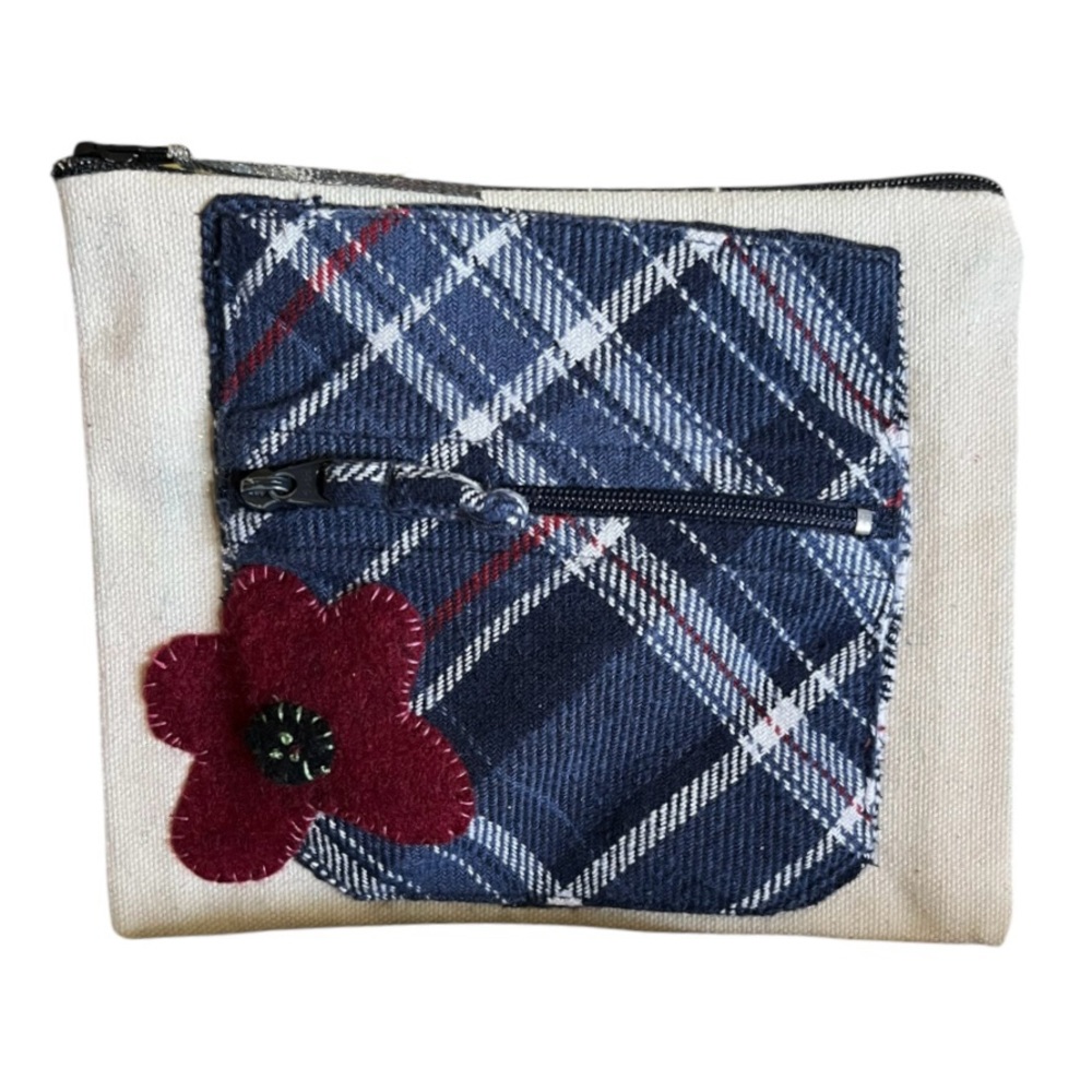 Chic Plaid Pocket Cosmetic Bag with Red Floral Accent Handmade New